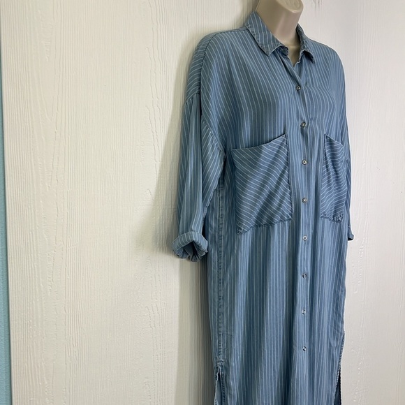 Zara - Light Blue White Stripe Button Down Lightweight Midi Dress Size Medium - Picture 4 of 11